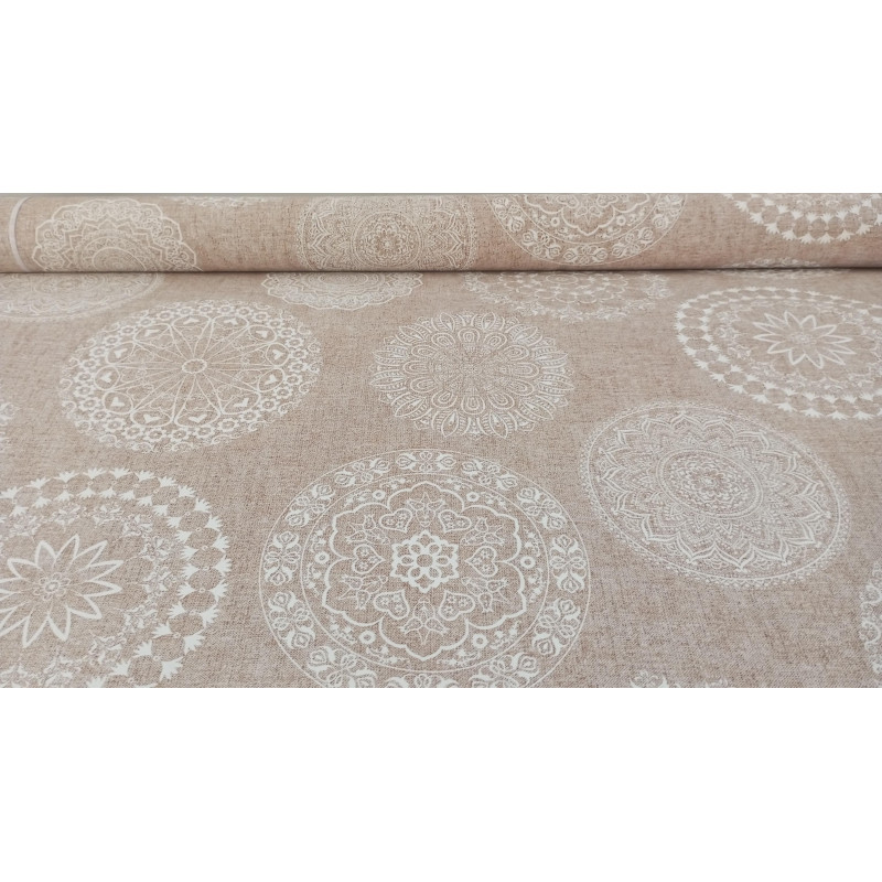 Loneta Decorativa Beige o Gris Estampada Patrón Mandala Sofisticado 280 cm Ancho