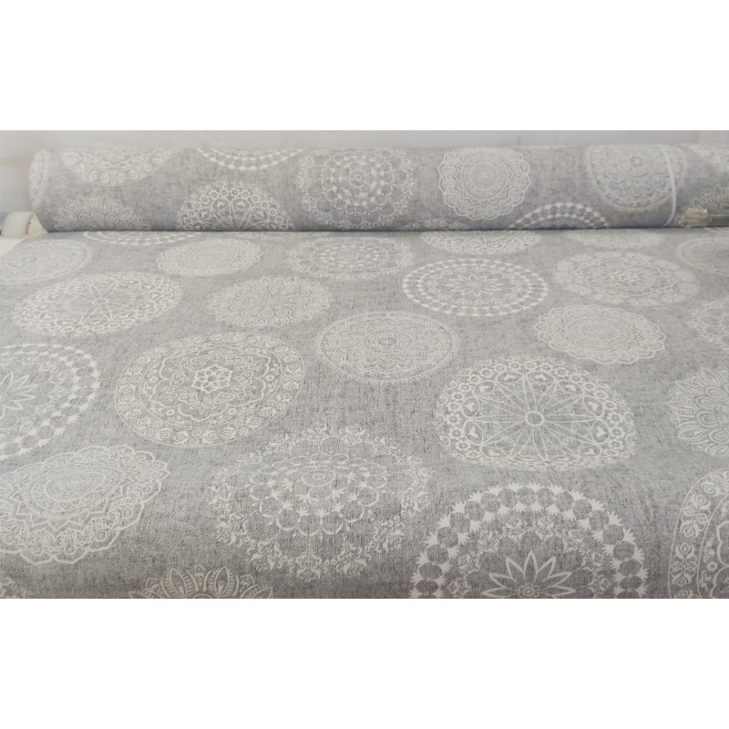 Loneta Decorativa Beige o Gris Estampada Patrón Mandala Sofisticado 280 cm Ancho