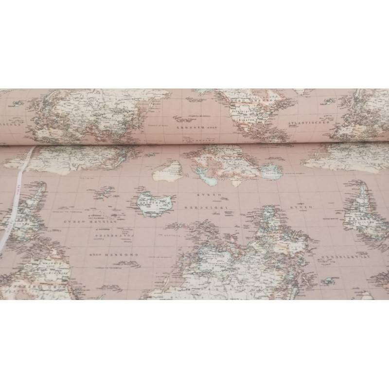 Loneta Estampada Mapamundi Vintage, Elegancia y Aventura en 280 cm Ancho.