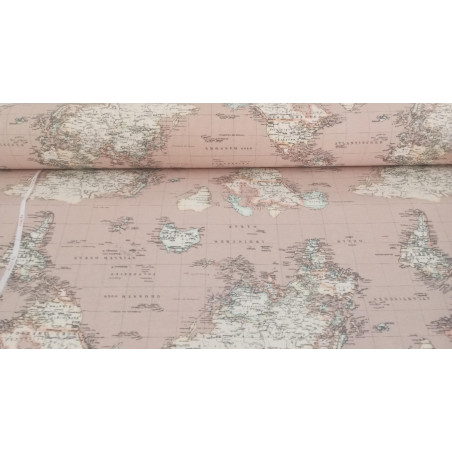 Loneta Estampada Mapamundi Vintage, Elegancia y Aventura en 280 cm Ancho.