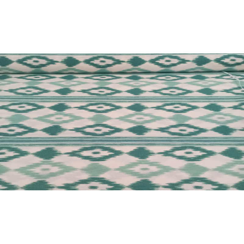 Loneta Estampada Modelo Mallorquina patrón en Ikat, Elegancia y Resistencia en 280 cm Ancho.