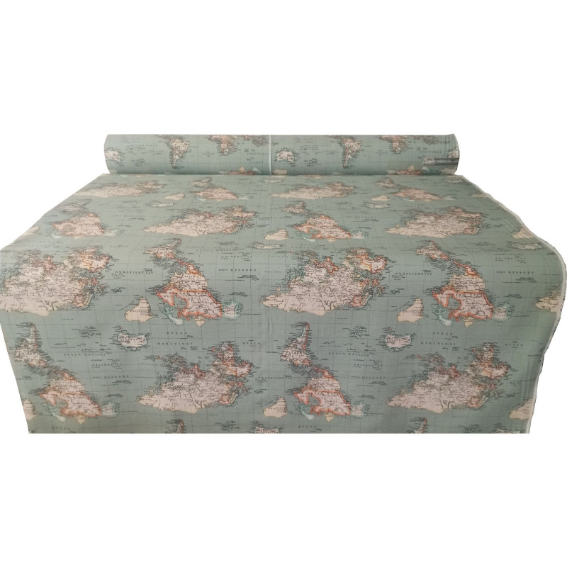 Loneta Estampada Mapamundi Vintage, Elegancia y Aventura en 280 cm Ancho.