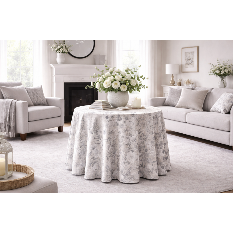 Falda de Mesa Camilla Primavera-Verano Redonda Tardor Gris Azulado – Loneta 50/50 Algodón-Poliéster – Estampado Floral