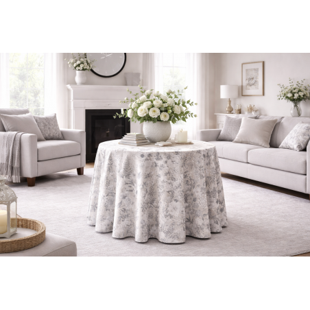 Falda de Mesa Camilla Primavera-Verano Redonda Tardor Gris Azulado – Loneta 50/50 Algodón-Poliéster – Estampado Floral