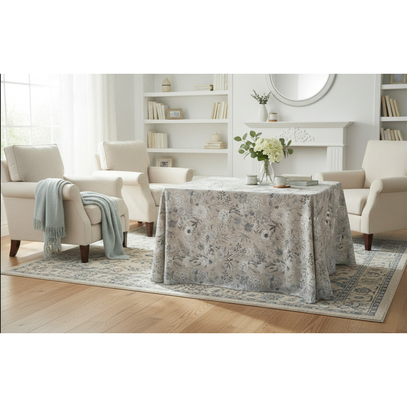 Falda de Mesa Camilla Primavera-Verano Cuadrada Rectangular Tardor Gris Azulado – Loneta 50/50 CO-POL – Estampado Floral
